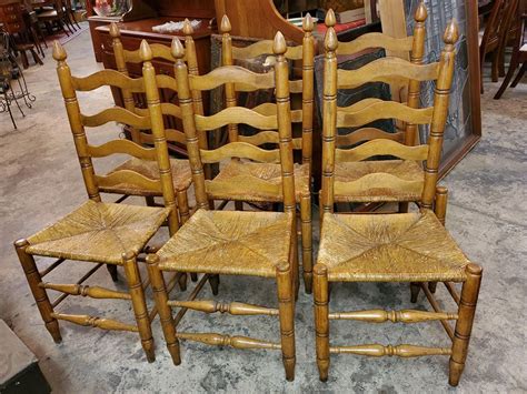 6 Antique Ladder Back Oak Chairs - rush seats - Excellent - Long Valley ...