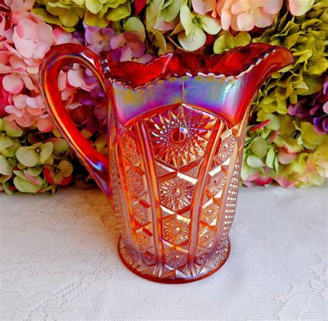 Beautiful Vintage Indiana Carnival Glass Pitcher ~ Heirloom ~ Red Sunset | Carnival glass, Red ...