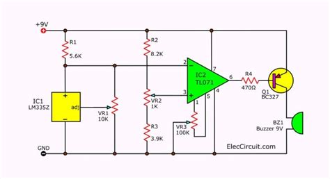 3 Temperature detector circuit with buzzer alarm | ElecCircuit.com