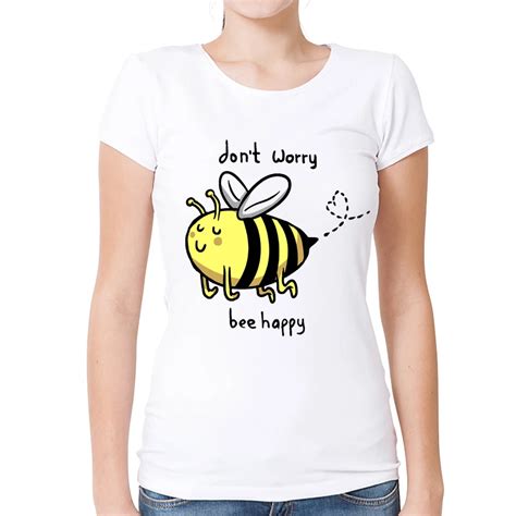 Newest 2019 Happy Bee T Shirt Summer Women's Relaxed Fit White Printed T Shirt High Quality ...