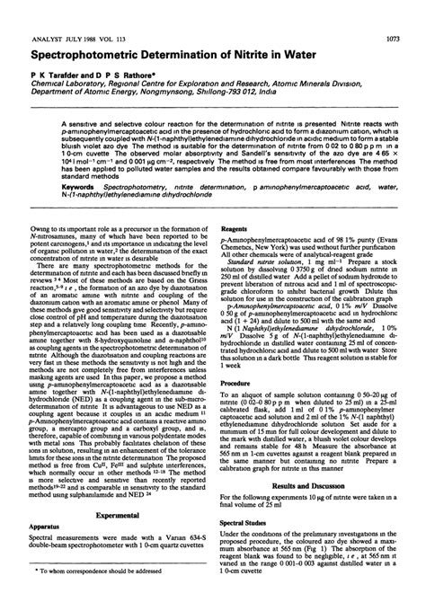 (PDF) Spectrophotometric determination of nitrite in water