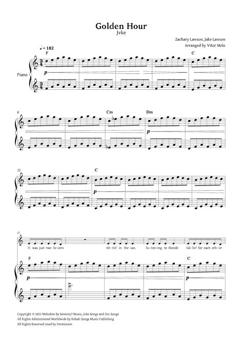 Golden Hour (arr. Vitor Melo) by Jvke Sheet Music for Piano, Vocal ...