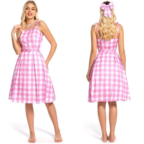 2023 Doll Margot Robbie Pink Plaid Long Dress Outfits Cosplay Costume ...