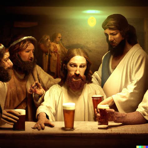 Jesus and his Apostles sharing a beer at the bar, | DALL·E 2 | OpenArt