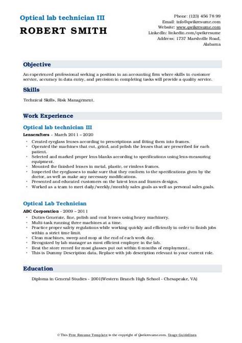 Optical Lab Technician Resume Samples | QwikResume