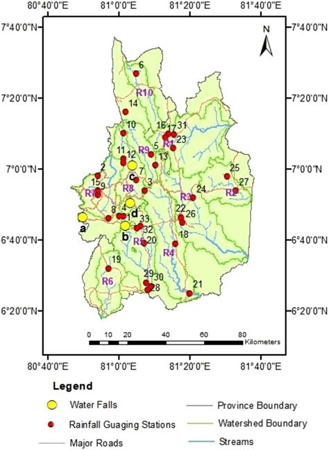 Map of Uva province showing major waterfalls (a Bambarakanda Falls, b ...