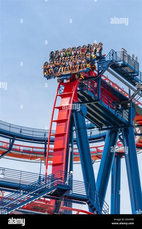 Park guests ride the SheiKra roller coaster at Busch Gardens theme park in Tampa, Florida, USA ...