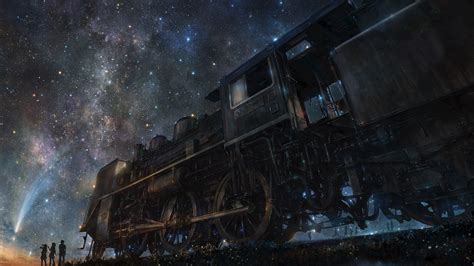 Wallpaper : train, artwork, stars, railway, night, group of people, sky, digital art, fantasy ...