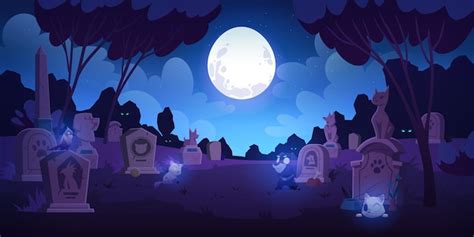 Free Vector | Pet cemetery at night animal graveyard with tombstones grave tombs with cats dogs ...