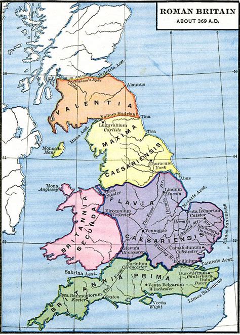 Map of Roman Britain about AD 369 showing the provinces of Britannia Prima, Flavia Caesariensis ...