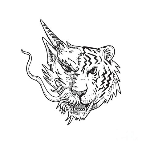 Head of a Half Chinese Dragon Half Bengal Tiger Front View Drawing Digital Art by Aloysius ...