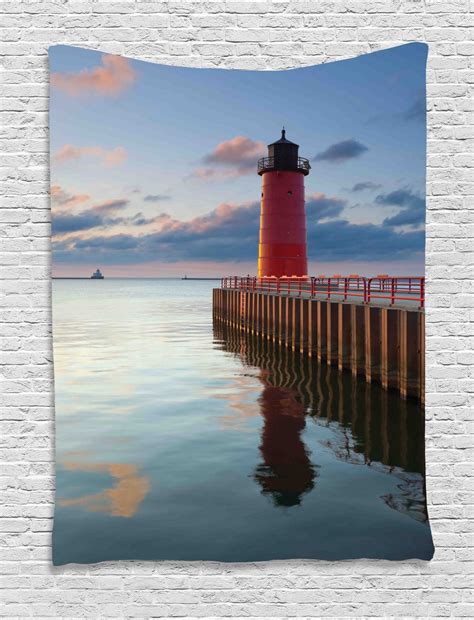 Wisconsin Tapestry, Amazing Photo of Milwaukee Lighthouse at Sunrise Calm Water and Beautiful ...