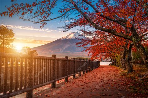 Premium Photo | Mt. Fuji over Lake Kawaguchiko with autumn foliage at sunrise in Fujikawaguchiko ...