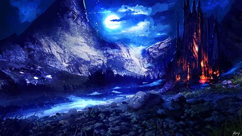 HD wallpaper: Fantasy, Landscape, Building, Moon, Mountain, Night ...