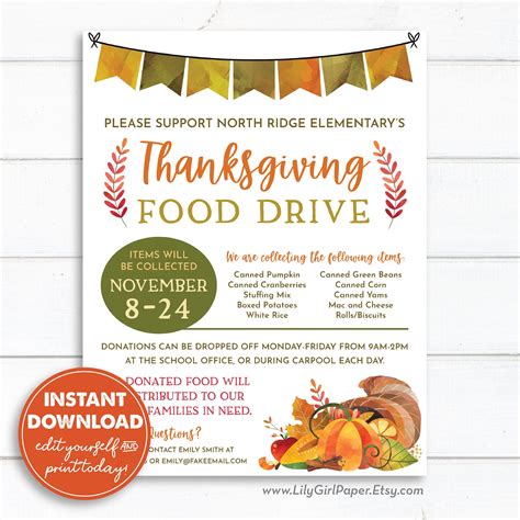 Editable Thanksgiving Food Drive Flyer Template 8.5x11 - Etsy in 2022 ...