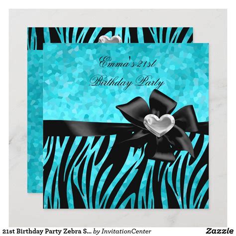 21st Birthday Party Zebra Silver Teal Blue Black Invitation | Zazzle | Birthday party 21, 21st ...