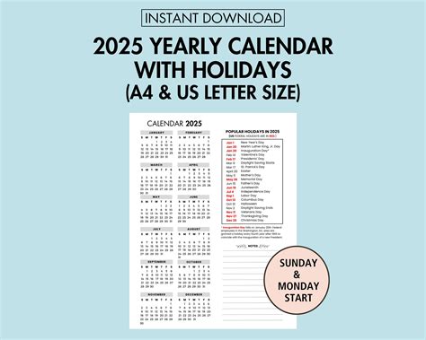 2025 Yearly Calendar With Holidays 2025 Yearly Overview Printable 2025 ...