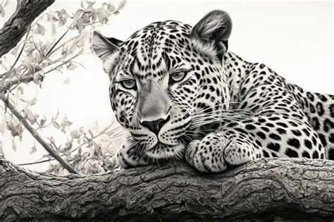 Premium AI Image | A black and white drawing of a leopard on a branch.