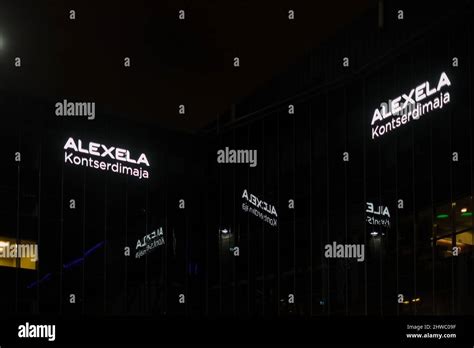 Alexela concert hall building light sign at night. Alexela ...