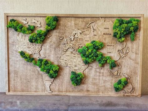 "World map framed with preserved moss. Wooden wall art for your home or office. Birch plywood ...