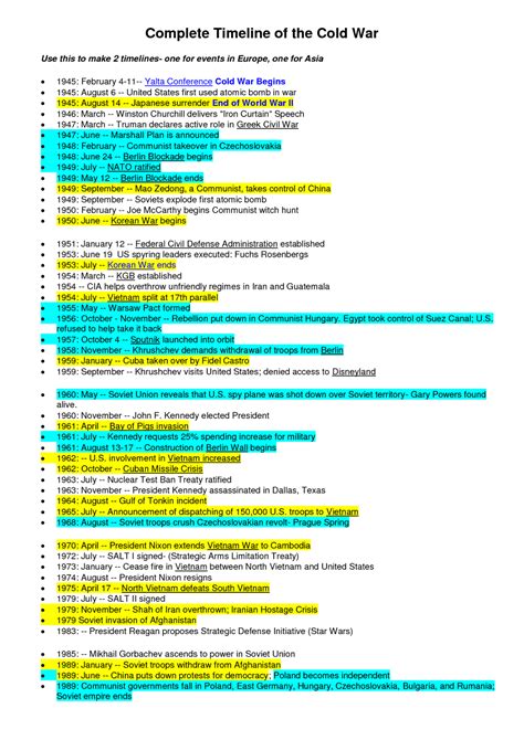 Cold War Timeline Worksheet Answer Key