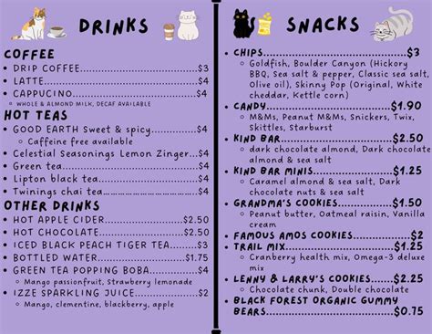 Menu — Purrfect Pause Cat Cafe Twix, Snickers, Peanut M&ms, Kind Bars ...