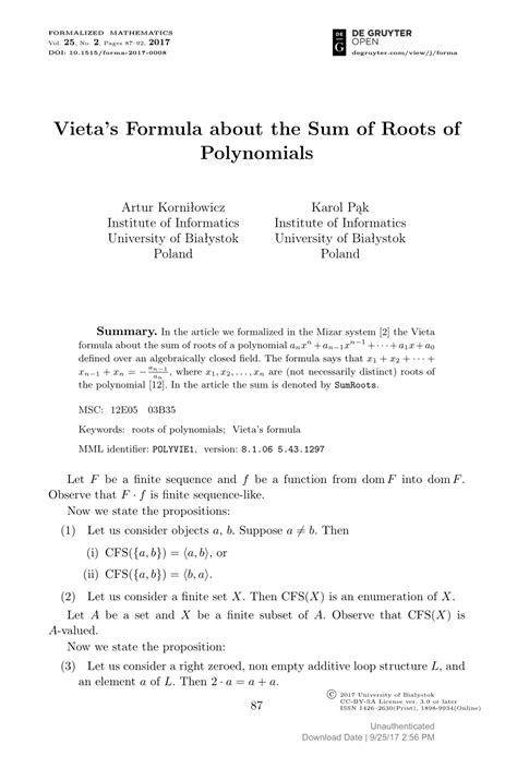 (PDF) Vieta’s Formula about the Sum of Roots of Polynomials