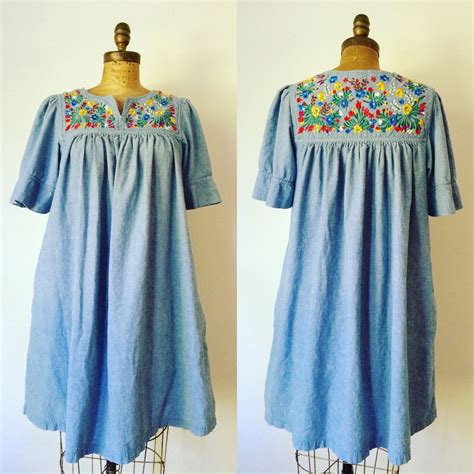 Denim vintage mexican style caftan muu muu dress w/ embroidery size ...