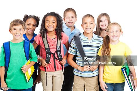 Happy Diverse Group Of Students Ready For School Stock Photo - Download ...