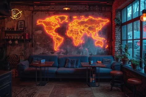 Premium Photo | A world map on the wall with neon lighting Designer decor on the wall in the room