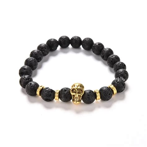 1 Pc Fashion Unisex Lava Rock 8mm Bead Bracelet Natural Stone Golden Skull Beaded Bracelets Best ...