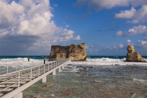 Wooden Bridge To the Stone Rocky Formation on the Cleopatra Beach on the Mediterranean Sea ...