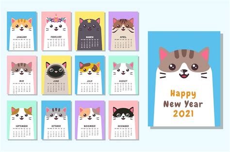 Premium Vector | Cute face cat calendar 2021 template