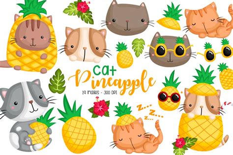 Pineapple and Cat Clipart - Cute Cat Clip Art – inkleystudio