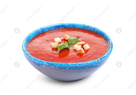 Bowl with fresh homemade tomato soup on white background: Stock Photo | Download on Africa ...