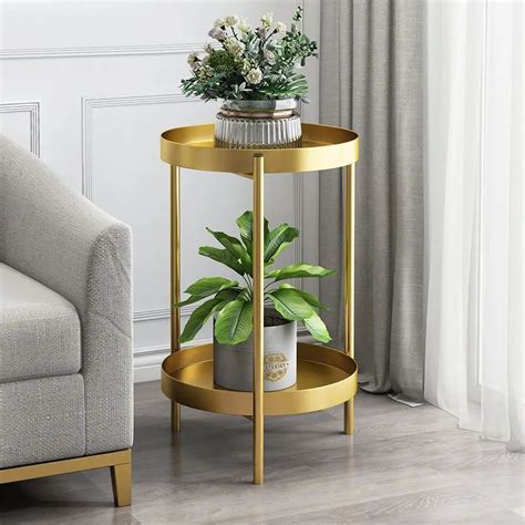 Round Metal Plant Stand 2-Tiered Gold Plant Pot Stand for Indoor&Outdoor in Small