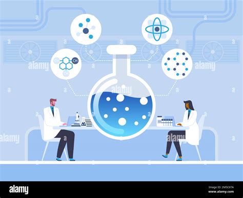 Biochemistry, chemical study vector illustration. Doctors, scientists with laptops cartoon ...