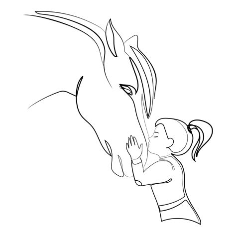 Little girl kissing a horse Line art drawing vector illustration ...