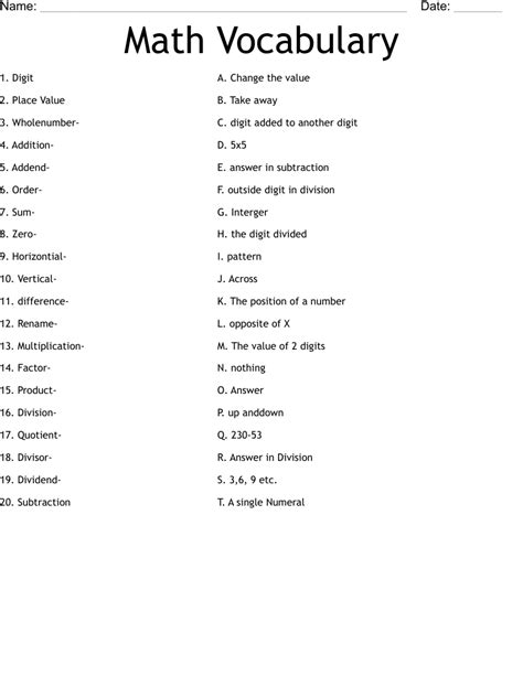 Math Vocabulary Worksheet - WordMint