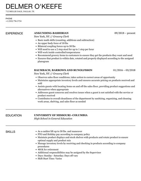 Grocery Clerk Resume Samples | Velvet Jobs