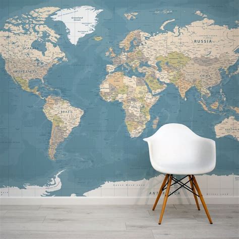 Blue World Map Wallpaper | WallpaperMural.com | World map mural, World map wallpaper, Map murals