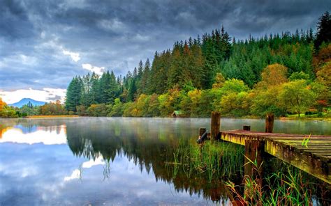 landscape, Nature, Dock, Lake, Forest, Dark, Clouds, Green, Trees ...