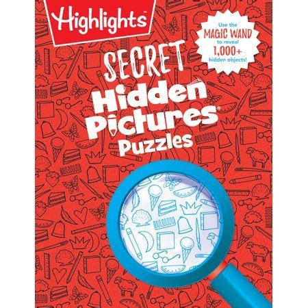 the front cover of highlights'secret hidden pictures puzzles, with a magnifying glass