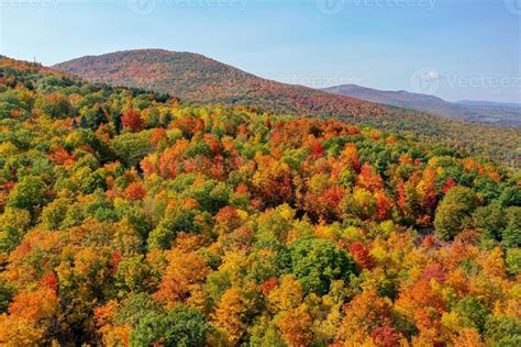 Aerial view of fall foliage along the Catskill Mountains in upstate New ...