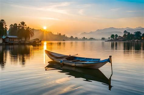 Premium Photo | A boat sits on a lake in the sunset