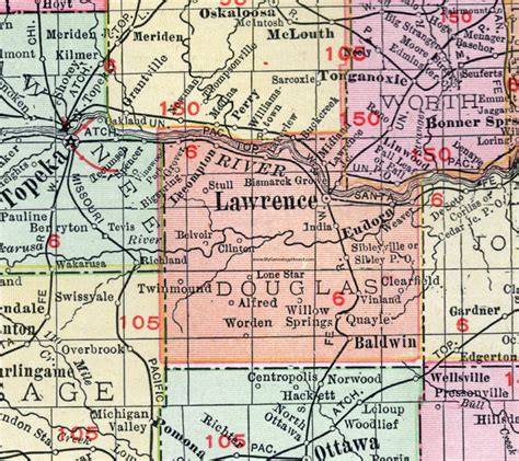 Douglas County, Kansas, 1911 Map, Lawrence, Eudora, Baldwin City