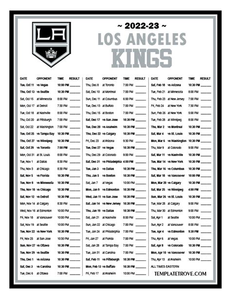 Printable 2022-2023 Los Angeles Kings Schedule