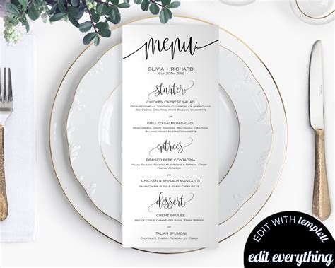 DIY Wedding Menu Template Printable Wedding Menu Cards Menu - Etsy Canada