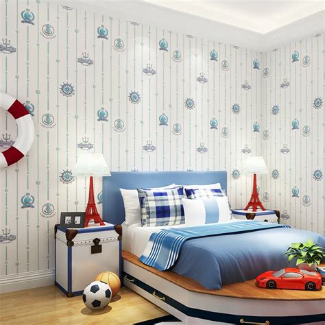 Kids Room Bedroom Wallpaper Boy Mediterranean Style Blue Vertical Stripes Wallpaper Non woven ...