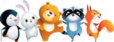 Baby bear bunny penguin raccoon and squirrel jumping or dancing, funny ...